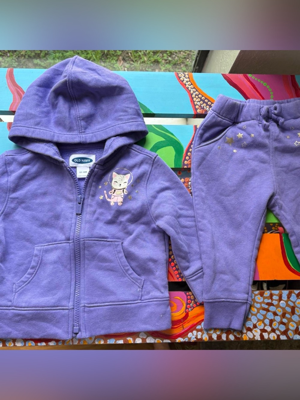 Old Navy 2 PC Purple Girls' Hoodie and Jogger Set with Cat Astronaut Graphic